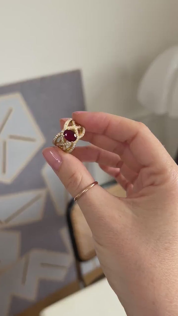Volutes Ruby and Diamond Ring on Yellow Gold