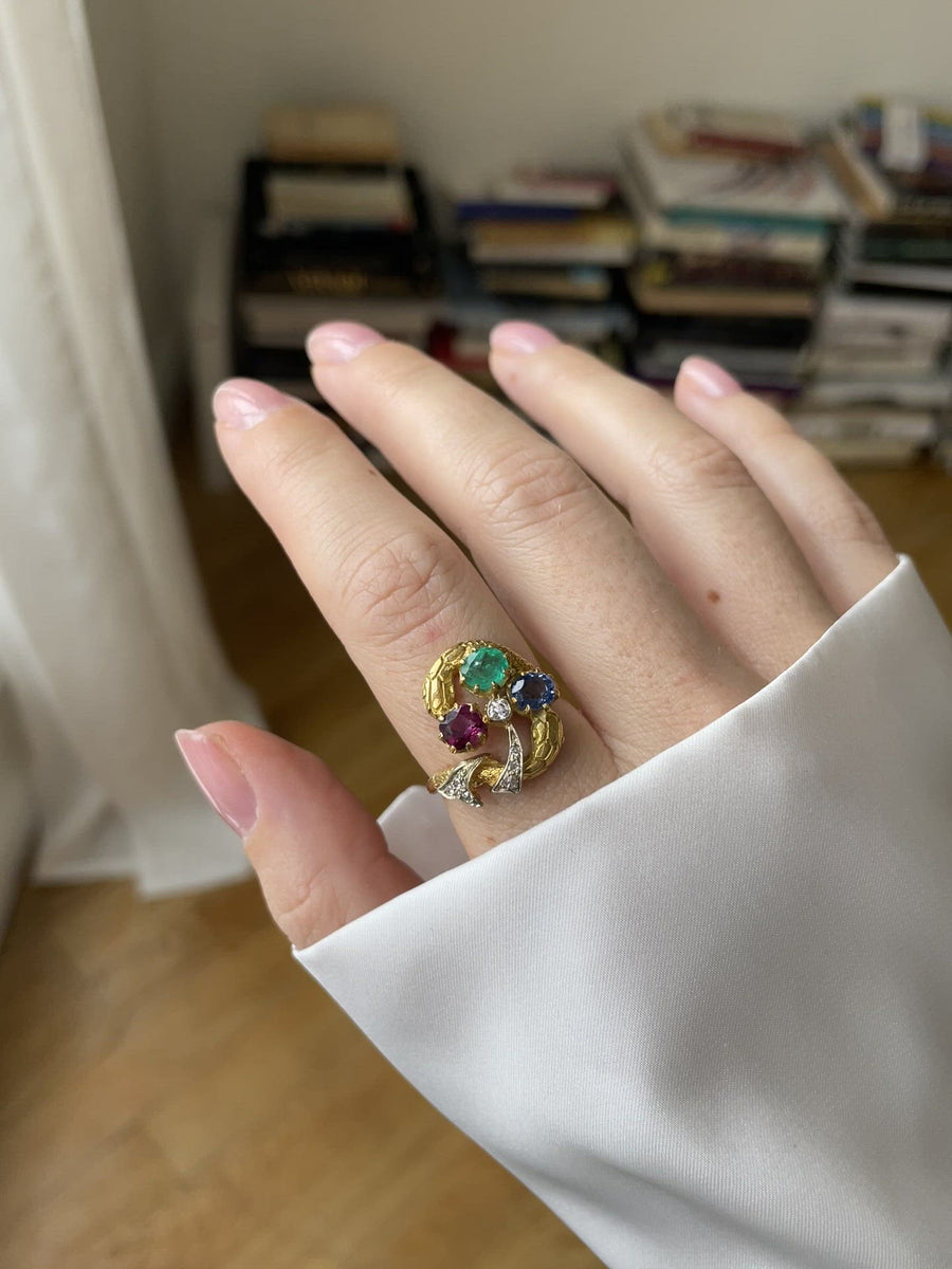 Snakes and Clover Ring, Sapphire, Emerald, Garnet