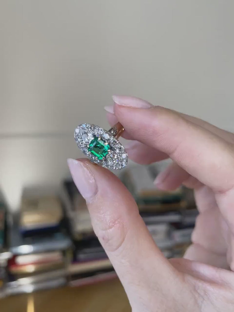 Marquise ring Belle Epoque Colombian emerald surrounded by diamonds