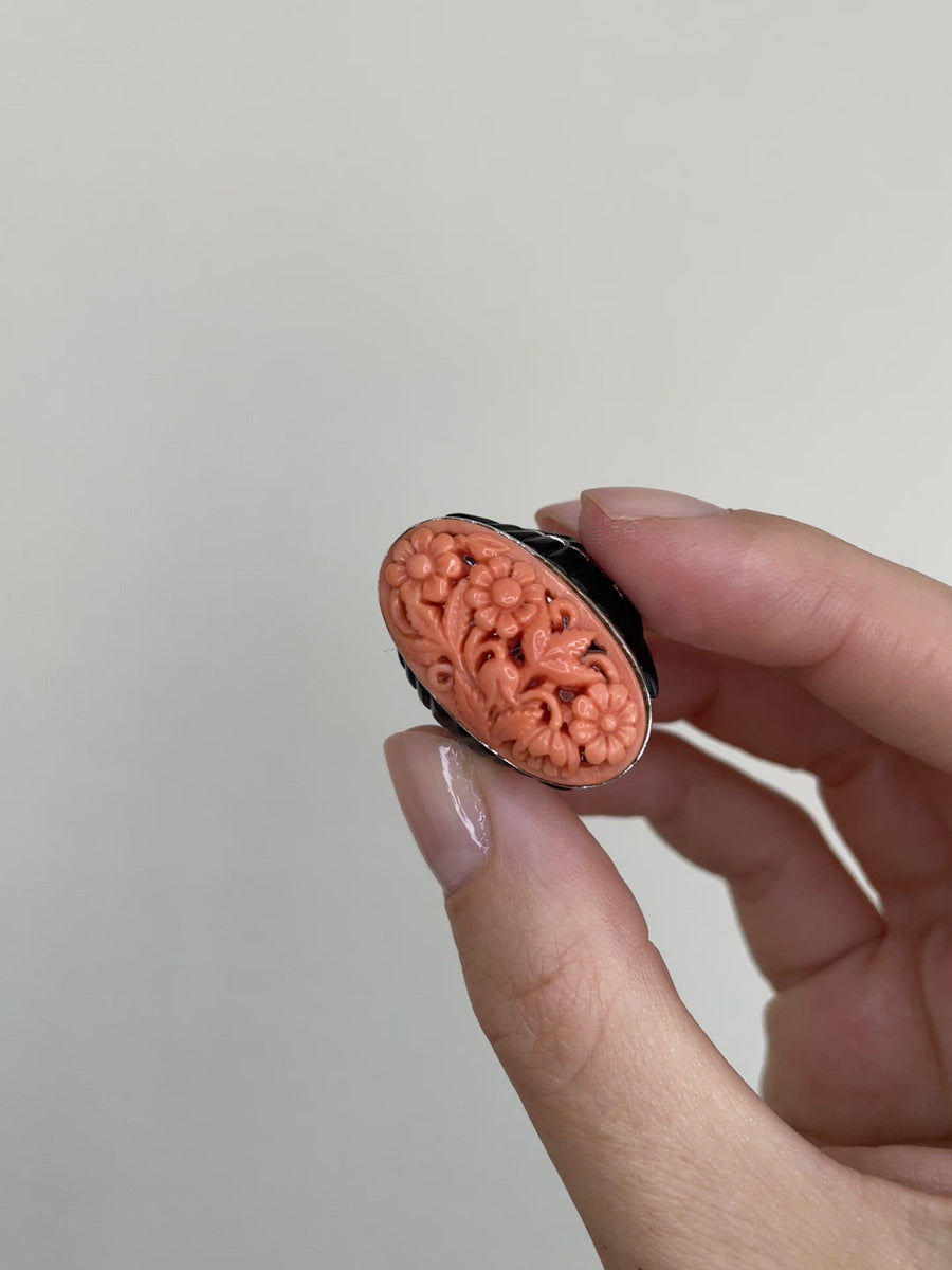 Art Deco Ring Coral, Onyx and Diamonds