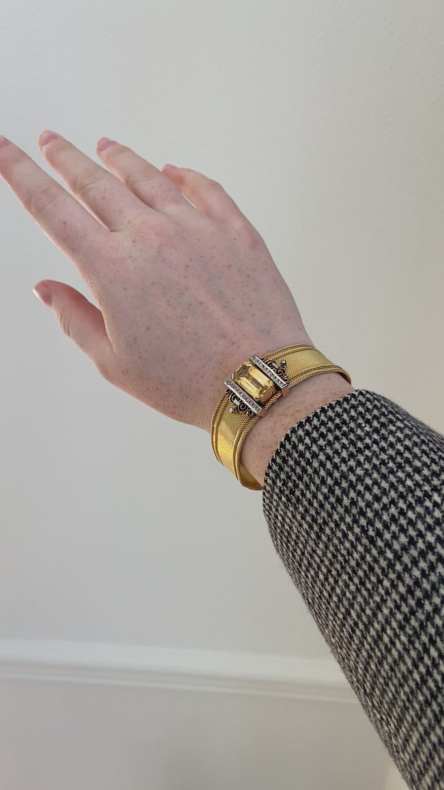 Milanese mesh cuff bracelet with diamonds and citrine