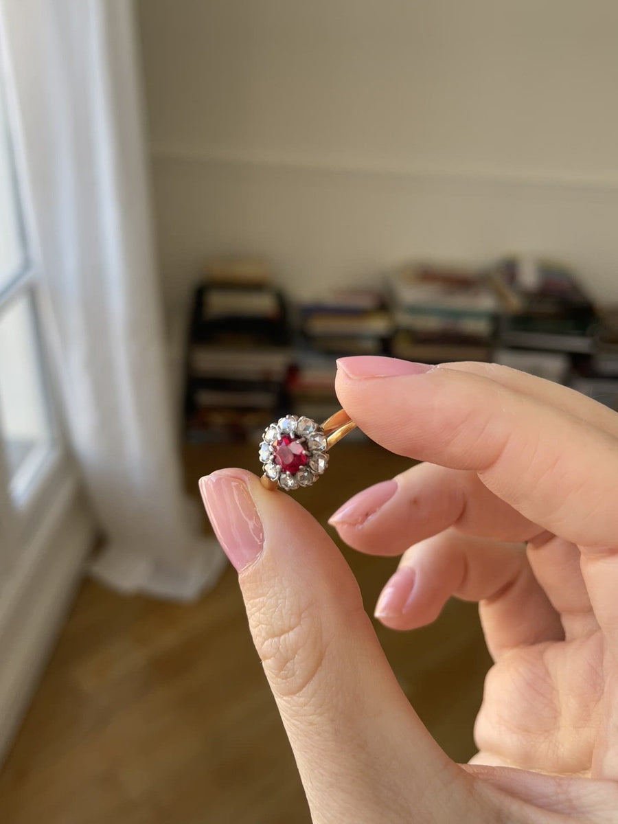 Red spinel daisy ring with diamonds