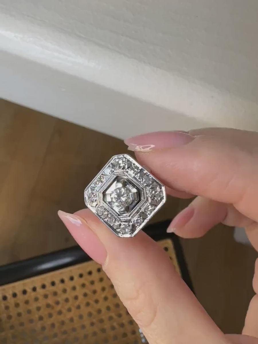 Gold, platinum, and diamond Art Deco octagonal engagement ring