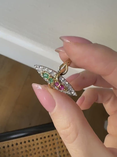 Marquise snake ring, gold, emeralds, rubies, and diamonds