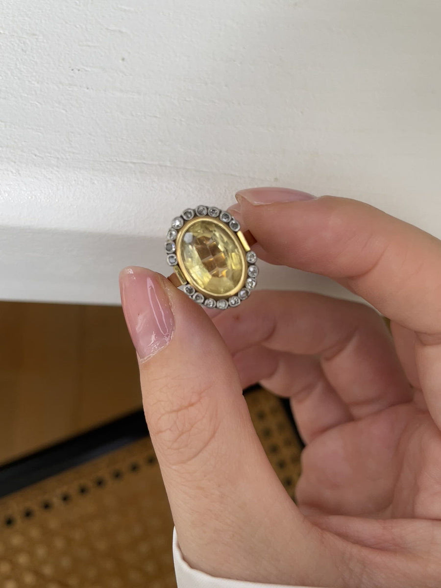 Art Deco citrine ring surrounded by diamonds