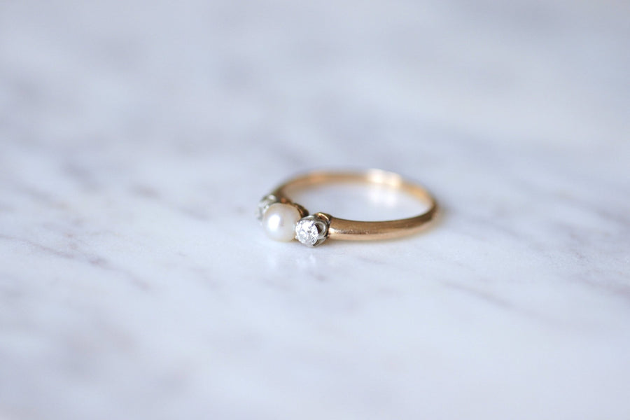 Antique wedding band ring in pink gold, platinum, fine pearl and diamonds - Galerie Pénélope