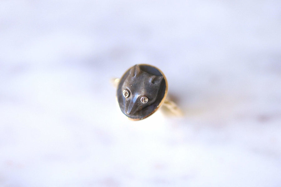 Antique fox cameo ring in labradorite and diamonds on gold - Galerie Pénélope