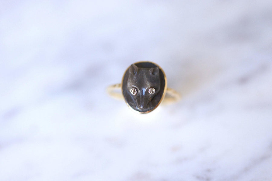 Antique fox cameo ring in labradorite and diamonds on gold - Galerie Pénélope