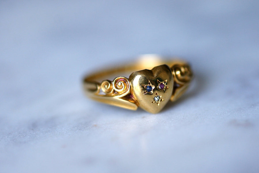 Antique sapphire heart diamond ruby ring on gold and yellow - Galerie Pénélope