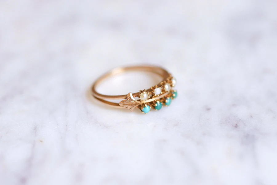 Antique double ring in pink gold, turquoise and pearls - Galerie Pénélope