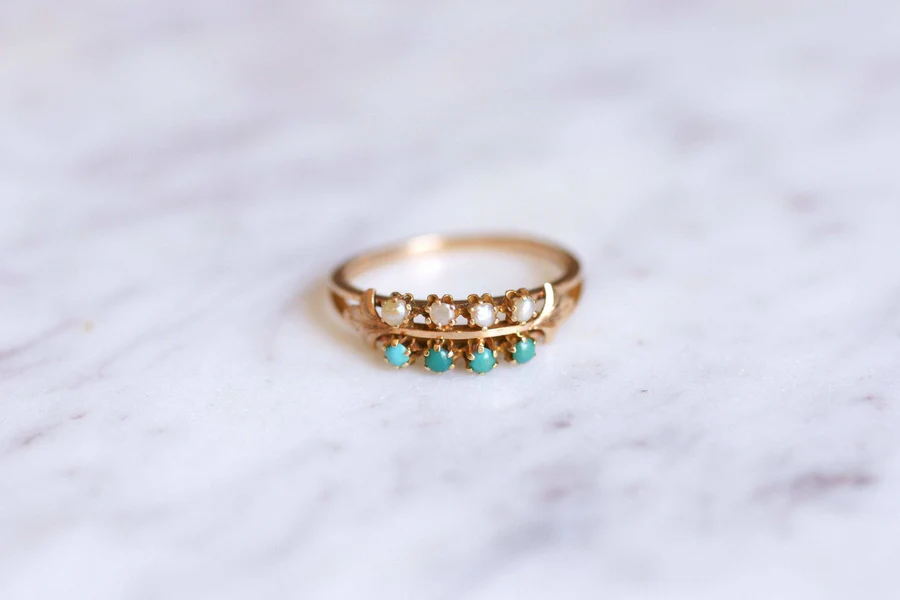 Antique double ring in pink gold, turquoise and pearls - Galerie Pénélope