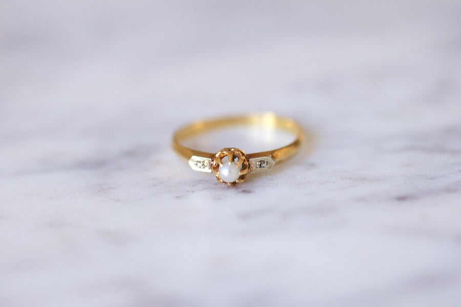 Antique yellow gold, fine pearl and diamonds ring - Galerie Pénélope