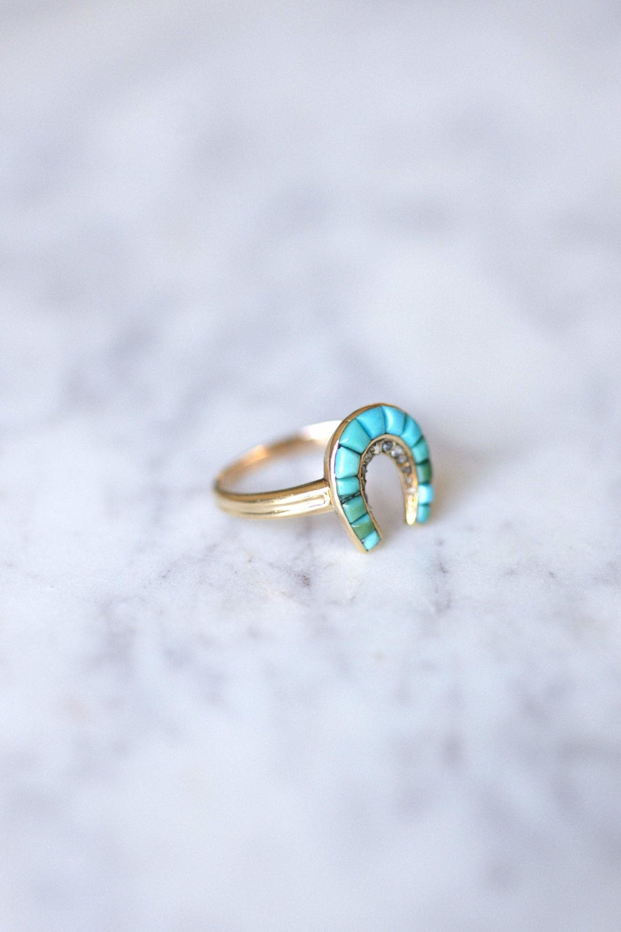 Antique 18Kt gold horseshoe ring with turquoise and diamonds - Penelope Gallery