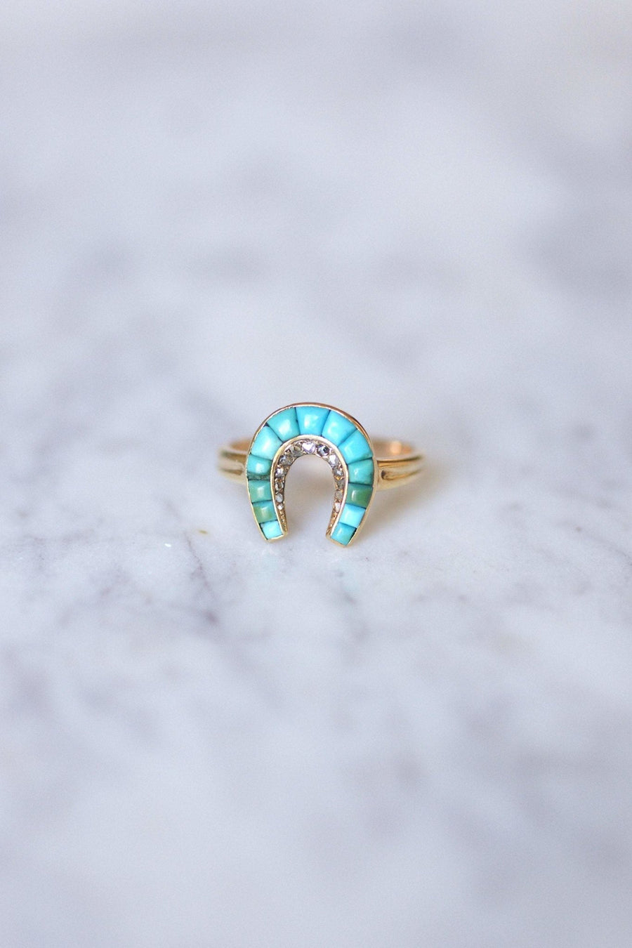 Antique 18Kt gold horseshoe ring with turquoise and diamonds - Penelope Gallery