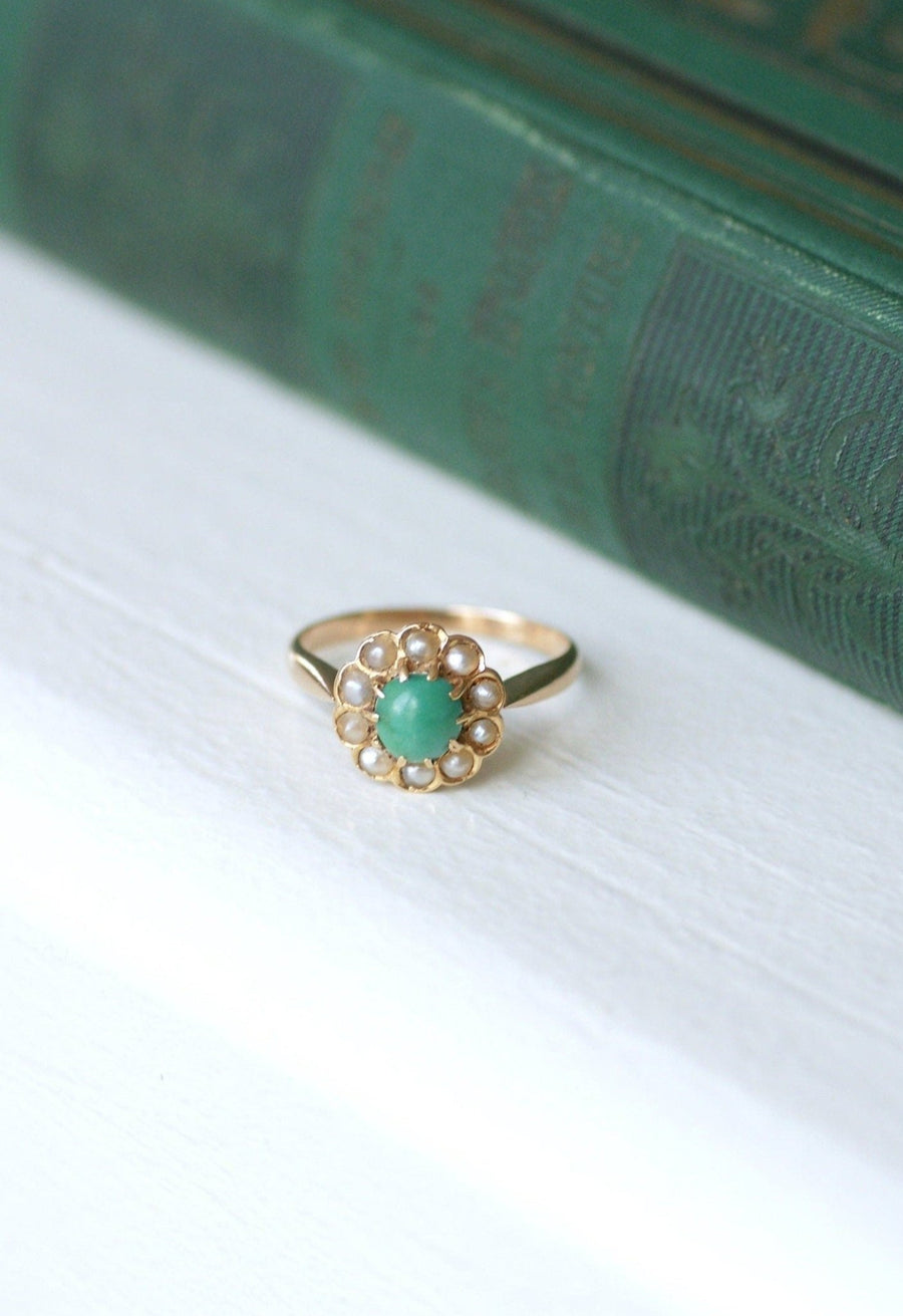 Antique Marguerite turquoise ring with pearls on pink gold - Penelope Gallery