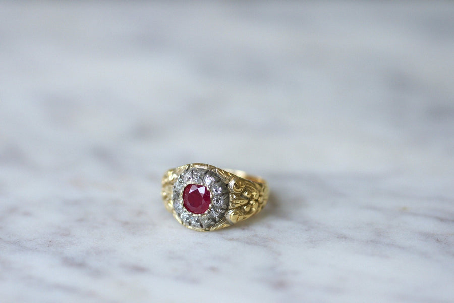 Antique Burmese ruby ring surrounded by diamonds - Penelope Gallery