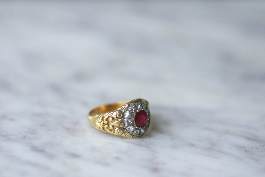 Antique Burmese ruby ring surrounded by diamonds - Penelope Gallery