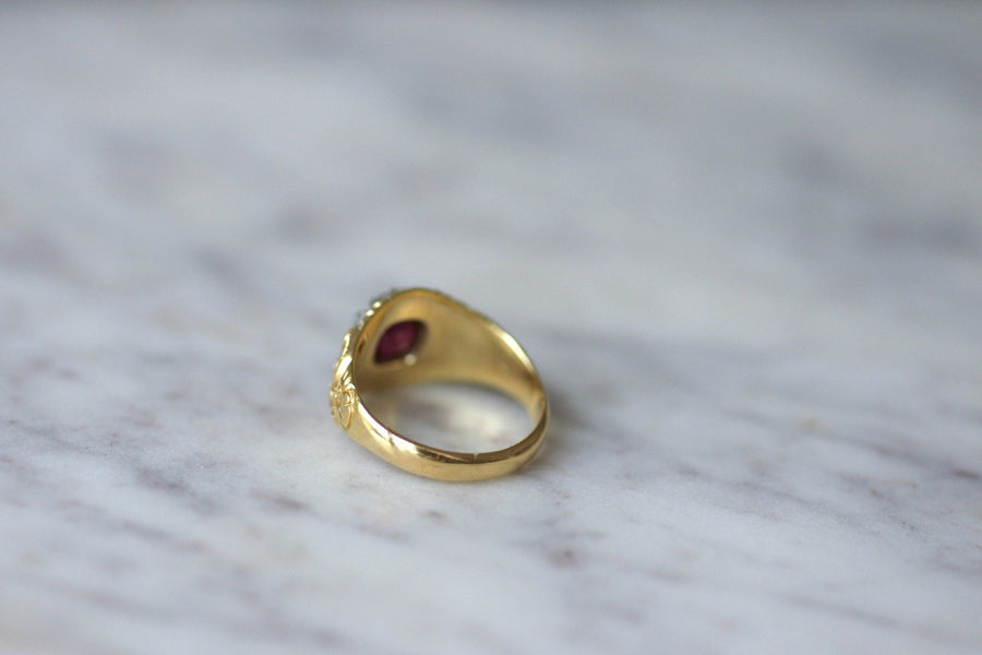 Antique Burmese ruby ring surrounded by diamonds - Penelope Gallery