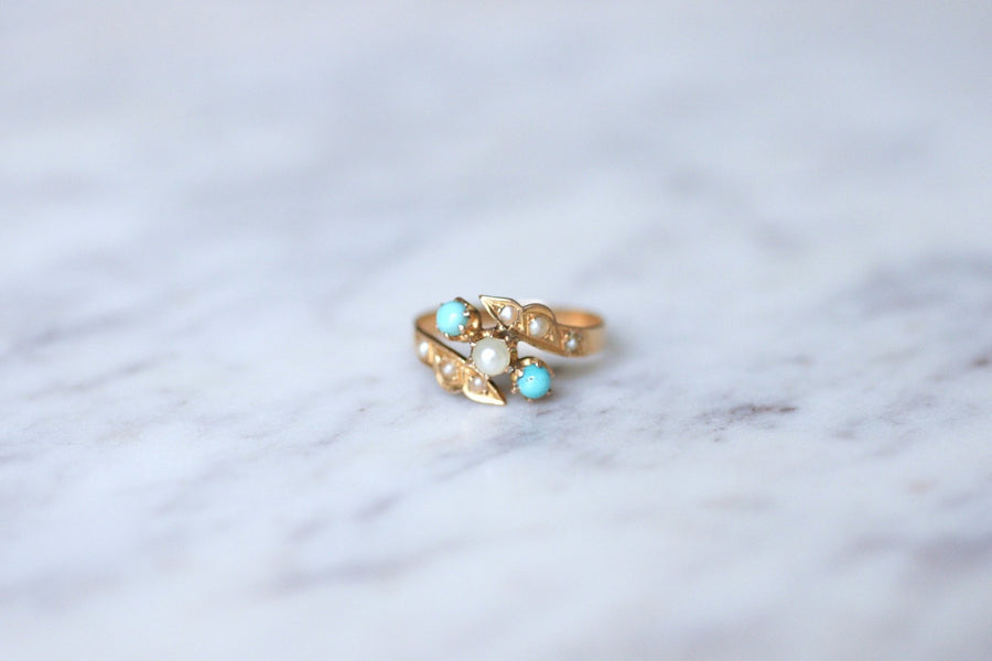 Antique ring Toi et Moi, turquoise, pearls, on pink gold - Penelope Gallery
