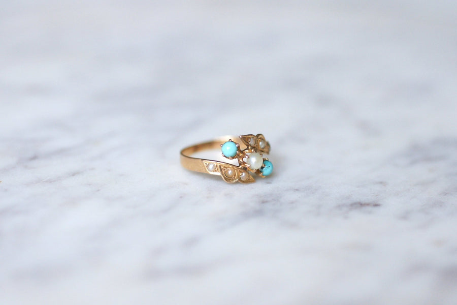 Antique ring Toi et Moi, turquoise, pearls, on pink gold - Penelope Gallery