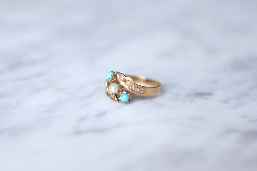Antique ring Toi et Moi, turquoise, pearls, on pink gold - Penelope Gallery