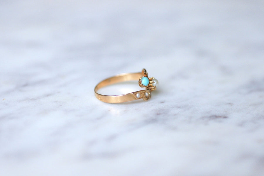Antique ring Toi et Moi, turquoise, pearls, on pink gold - Penelope Gallery