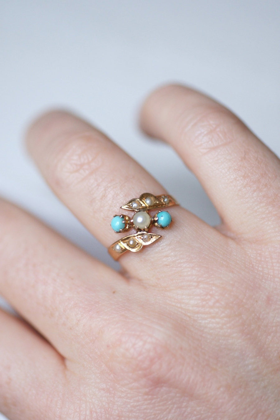 Antique ring Toi et Moi, turquoise, pearls, on pink gold - Penelope Gallery