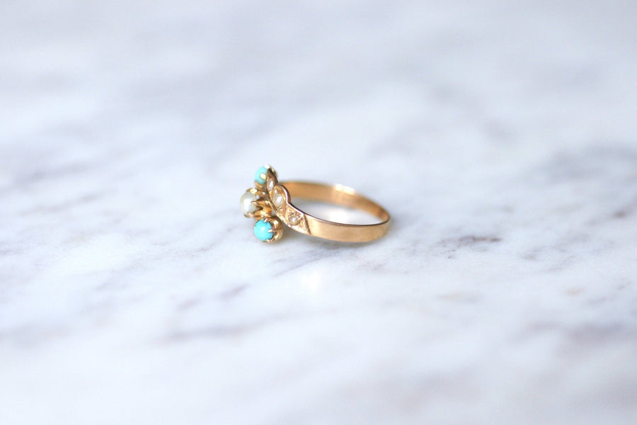 Antique ring Toi et Moi, turquoise, pearls, on pink gold - Penelope Gallery
