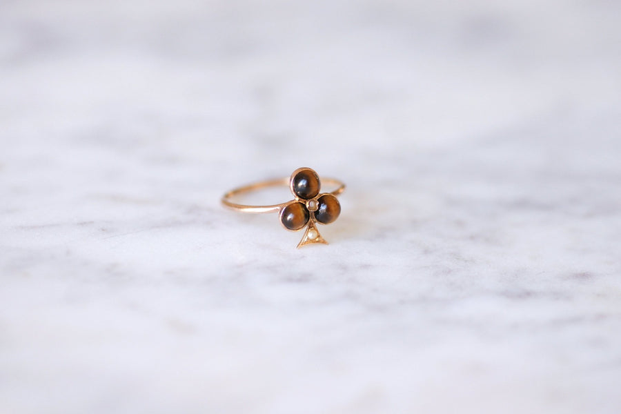 Antique rose gold clover, tiger eye quartz ring - Galerie Pénélope