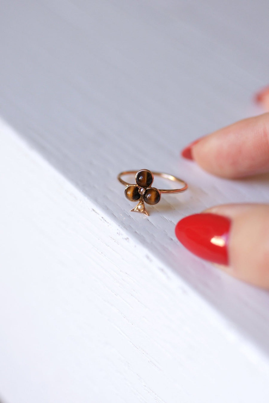 Antique rose gold clover, tiger eye quartz ring - Galerie Pénélope