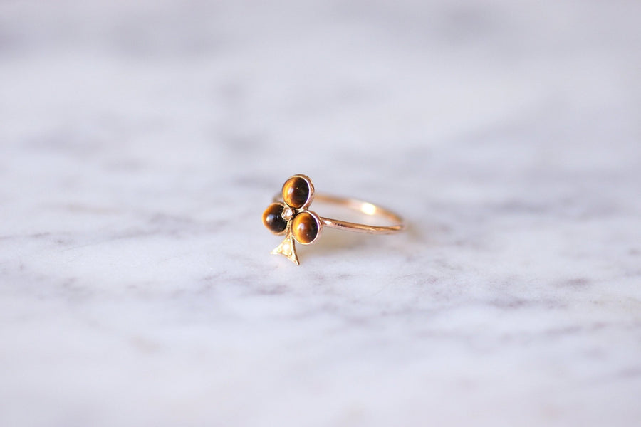 Antique rose gold clover, tiger eye quartz ring - Galerie Pénélope