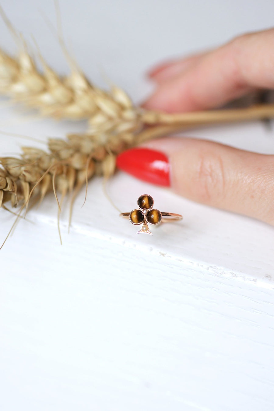 Antique rose gold clover, tiger eye quartz ring - Galerie Pénélope