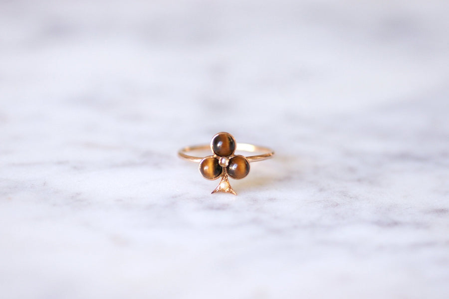 Antique rose gold clover, tiger eye quartz ring - Galerie Pénélope