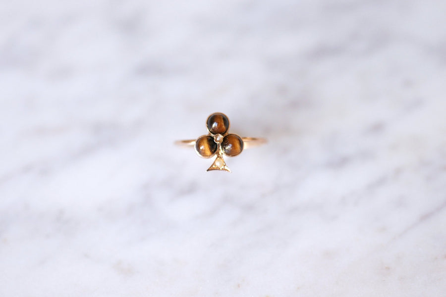 Antique rose gold clover, tiger eye quartz ring - Galerie Pénélope