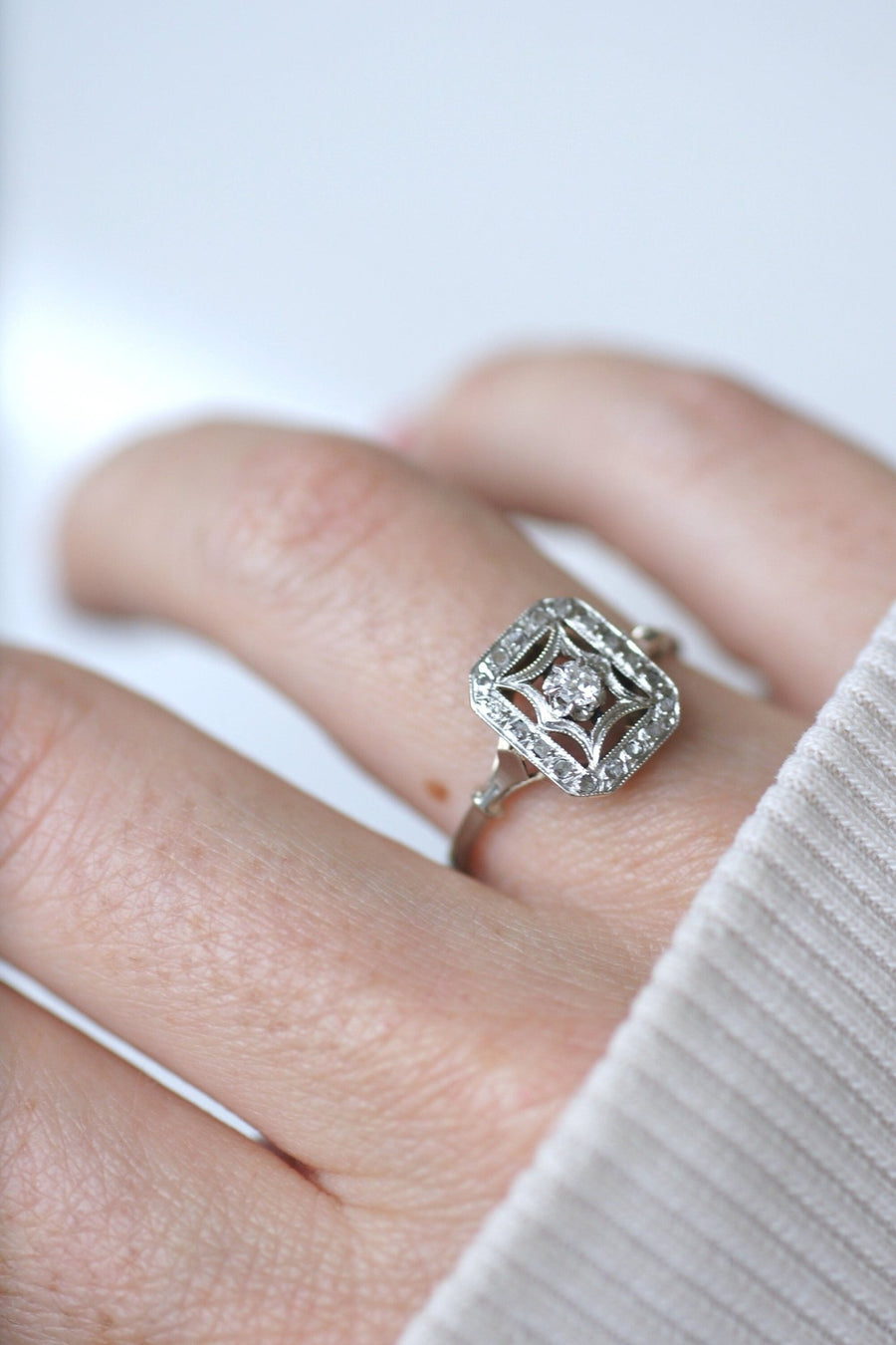 Square Art Deco Ring, White Gold, Platinum and Diamonds - Penelope Gallery