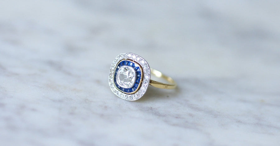 Art Deco halo ring with diamonds and calibrated sapphires - Galerie Pénélope