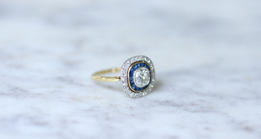 Art Deco halo ring with diamonds and calibrated sapphires - Galerie Pénélope