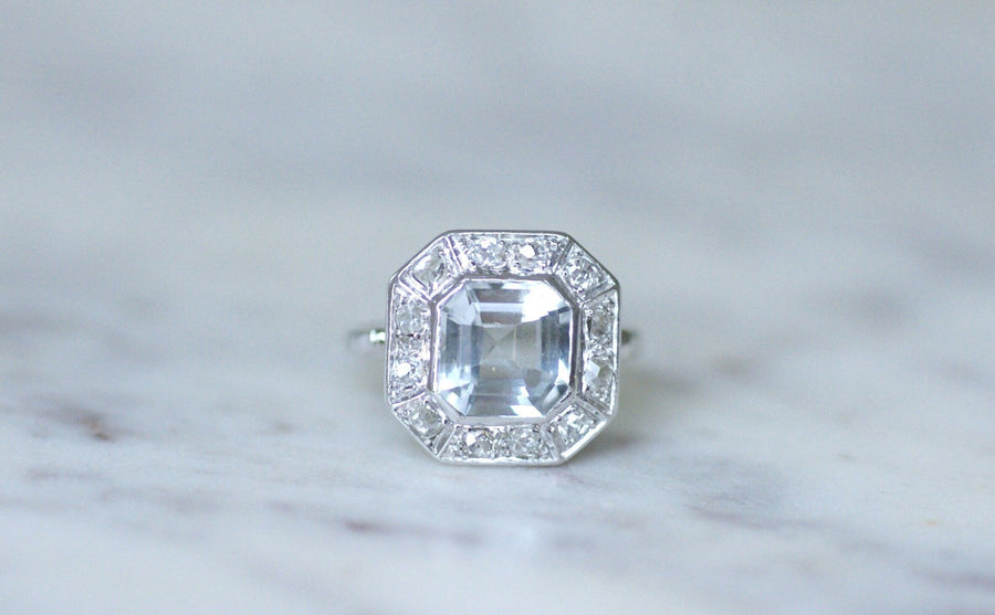 Hexagonal aquamarine and diamond Art Deco ring - Galerie Pénélope