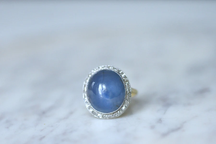 Star sapphire cabochon ring, diamond setting - Penelope Gallery