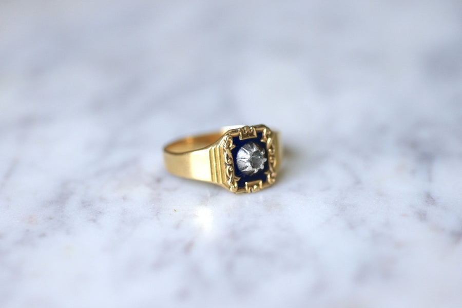 Antique yellow gold and diamond ring on blue enamel - Galerie Pénélope