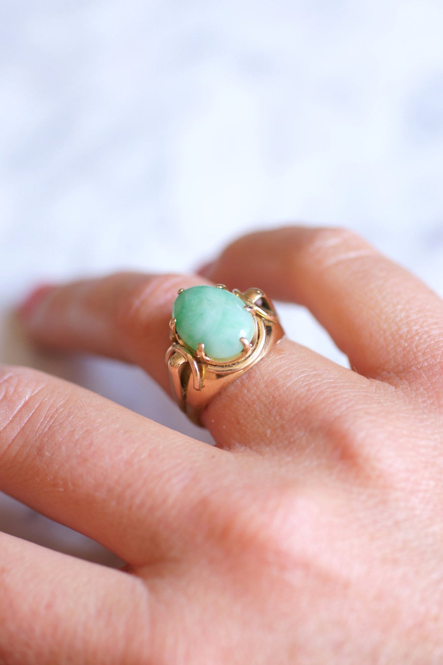 Vintage pink gold and jade ball knight ring - Galerie Pénélope