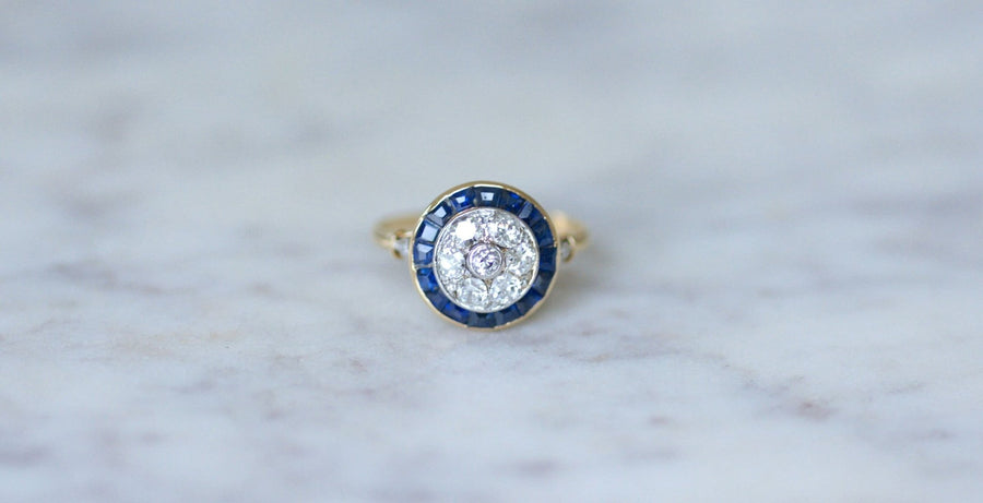 Art Deco target ring with diamonds and sapphires - Galerie Pénélope