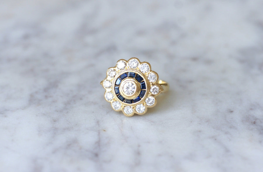 Art Deco style diamond and sapphire target ring - Galerie Pénélope