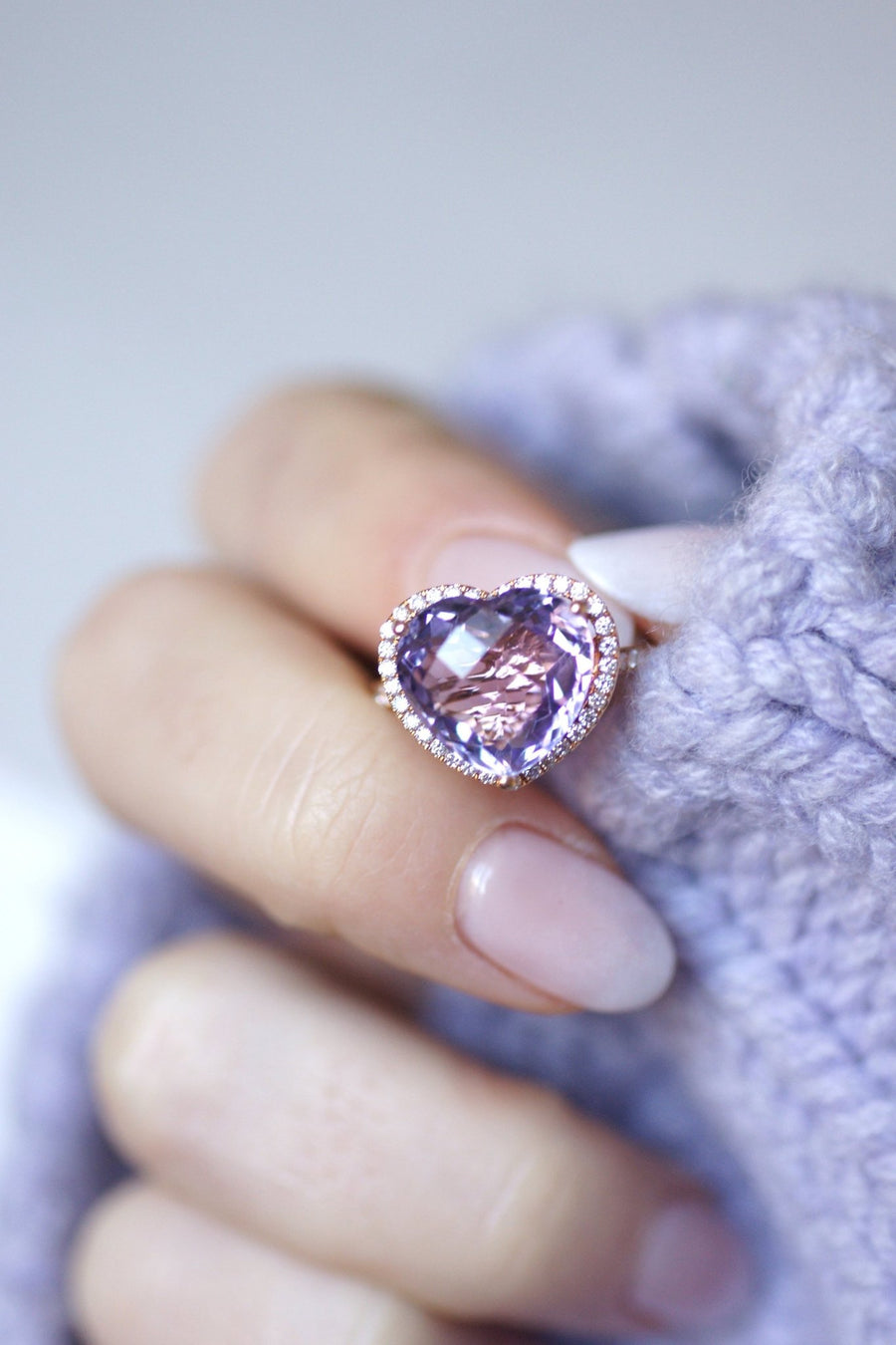 Amethyst heart ring set in diamonds on pink gold - Penelope Gallery