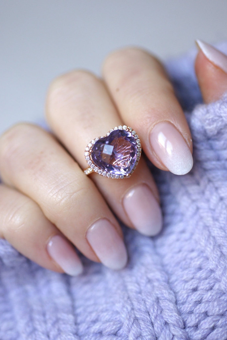 Amethyst heart ring set in diamonds on pink gold - Penelope Gallery