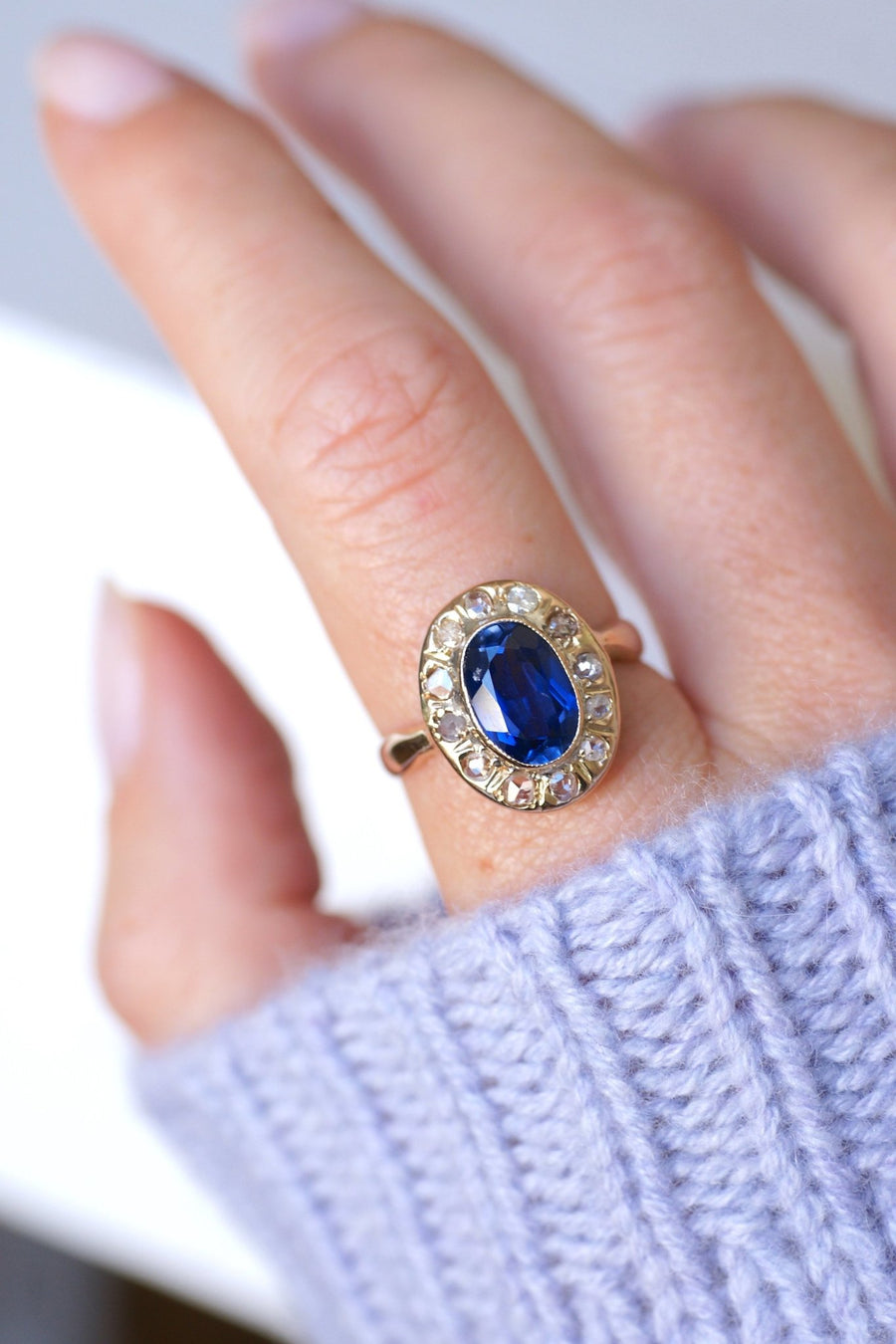 Antique synthetic sapphire and diamond engagement ring - Penelope Gallery