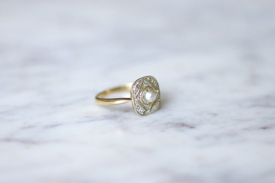Art Deco, diamonds, pearl, and gold engagement ring - Galerie Pénélope