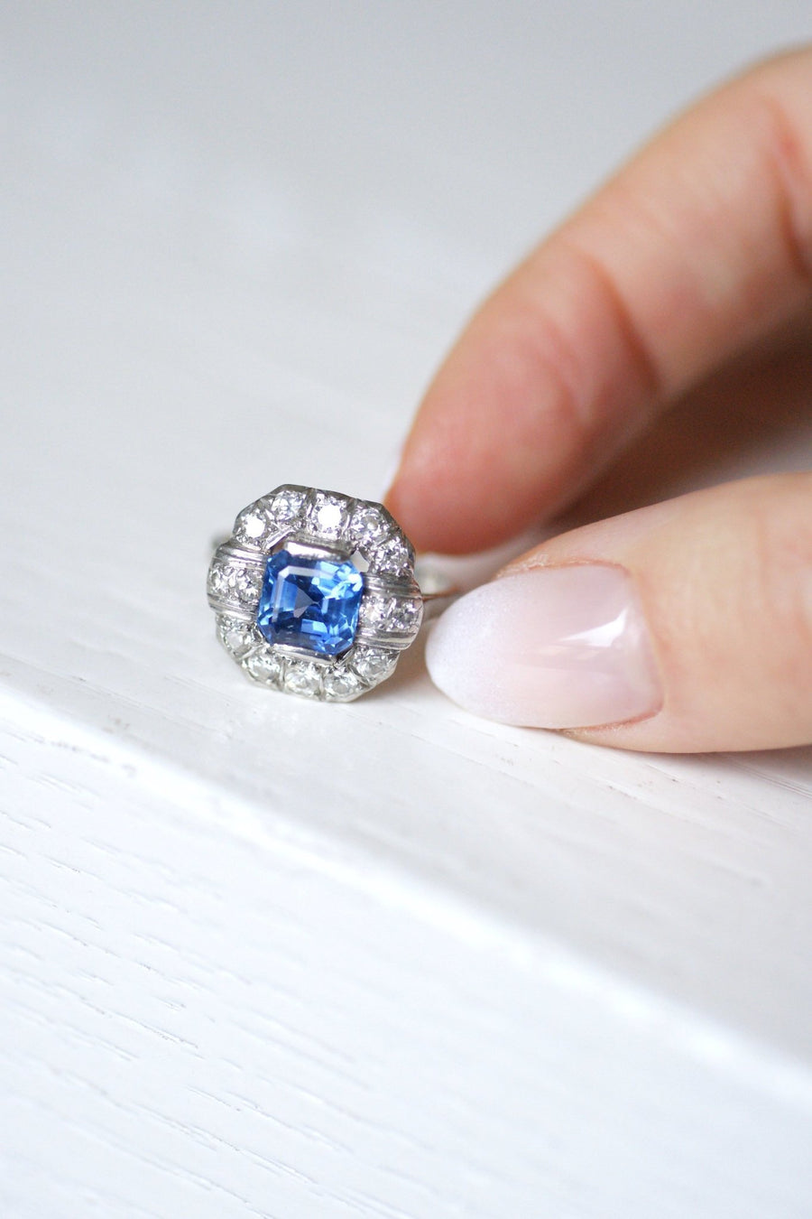 Art Deco Sapphire 2.57 Cts diamond setting engagement ring on platinum - Galerie Pénélope