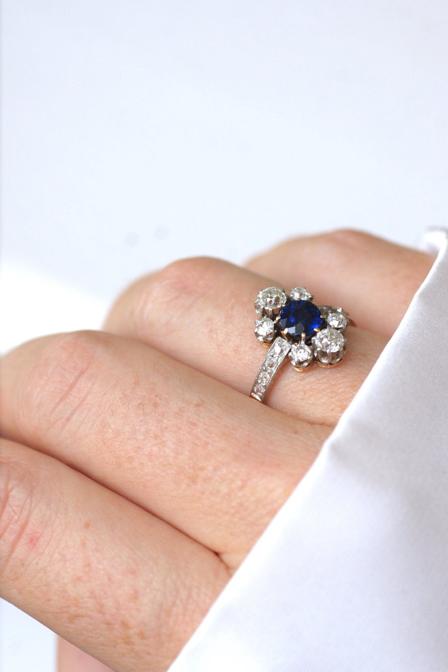 Engagement ring, Belle Epoque, diamonds and sapphire - Penelope Gallery