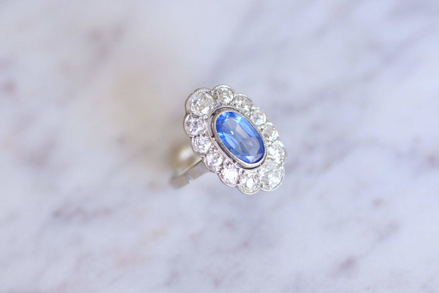 Belle Epoque sapphire engagement ring with diamonds on platinum - Galerie Pénélope